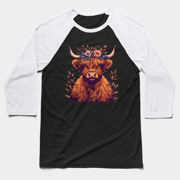 Funny highland cow with flower crown Baseball T-Shirt by TomFrontierArt